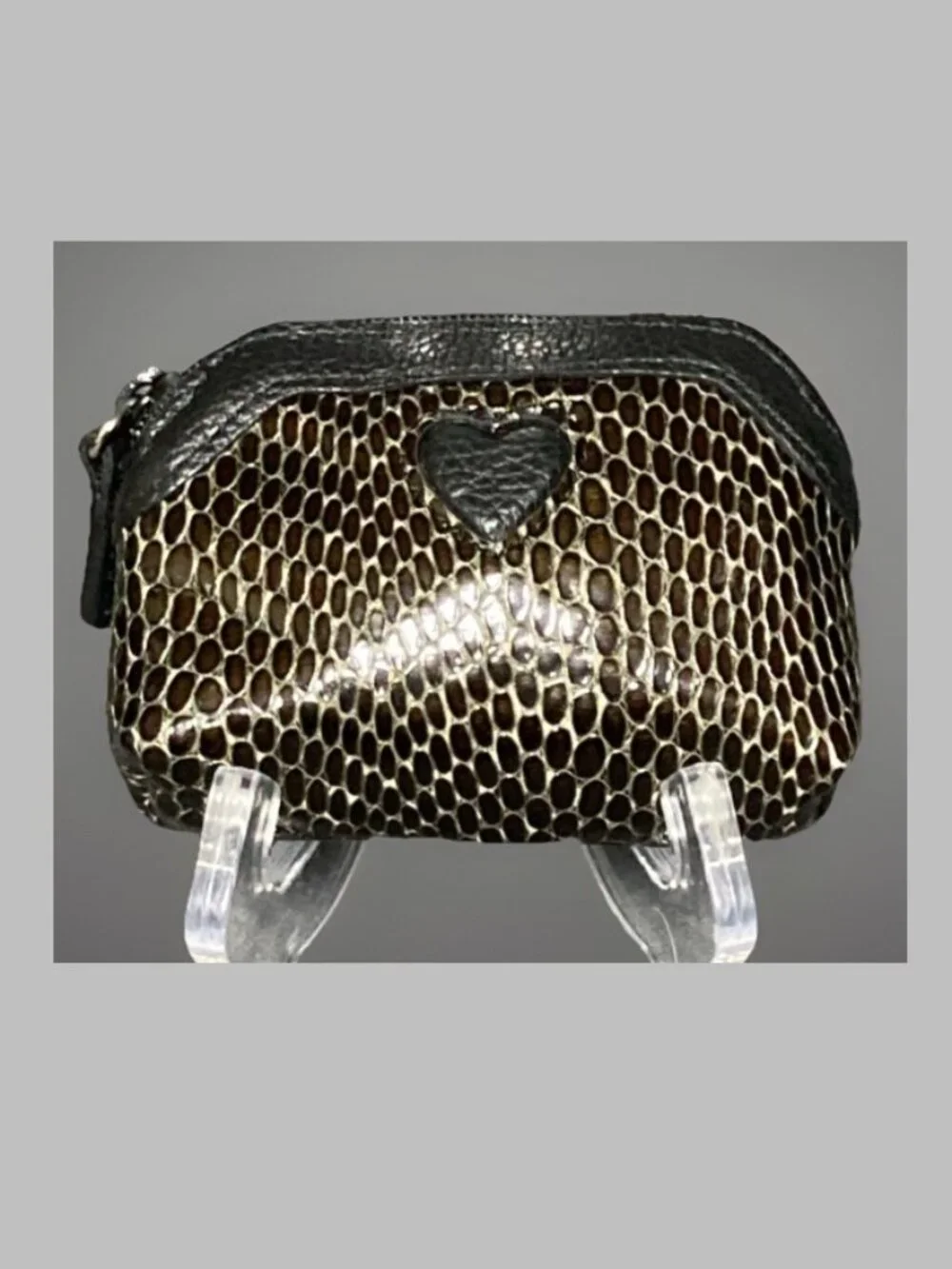 Brighton Black Brown Snakeskin Leather Coin Purse Zip Pouch Heart Vintage